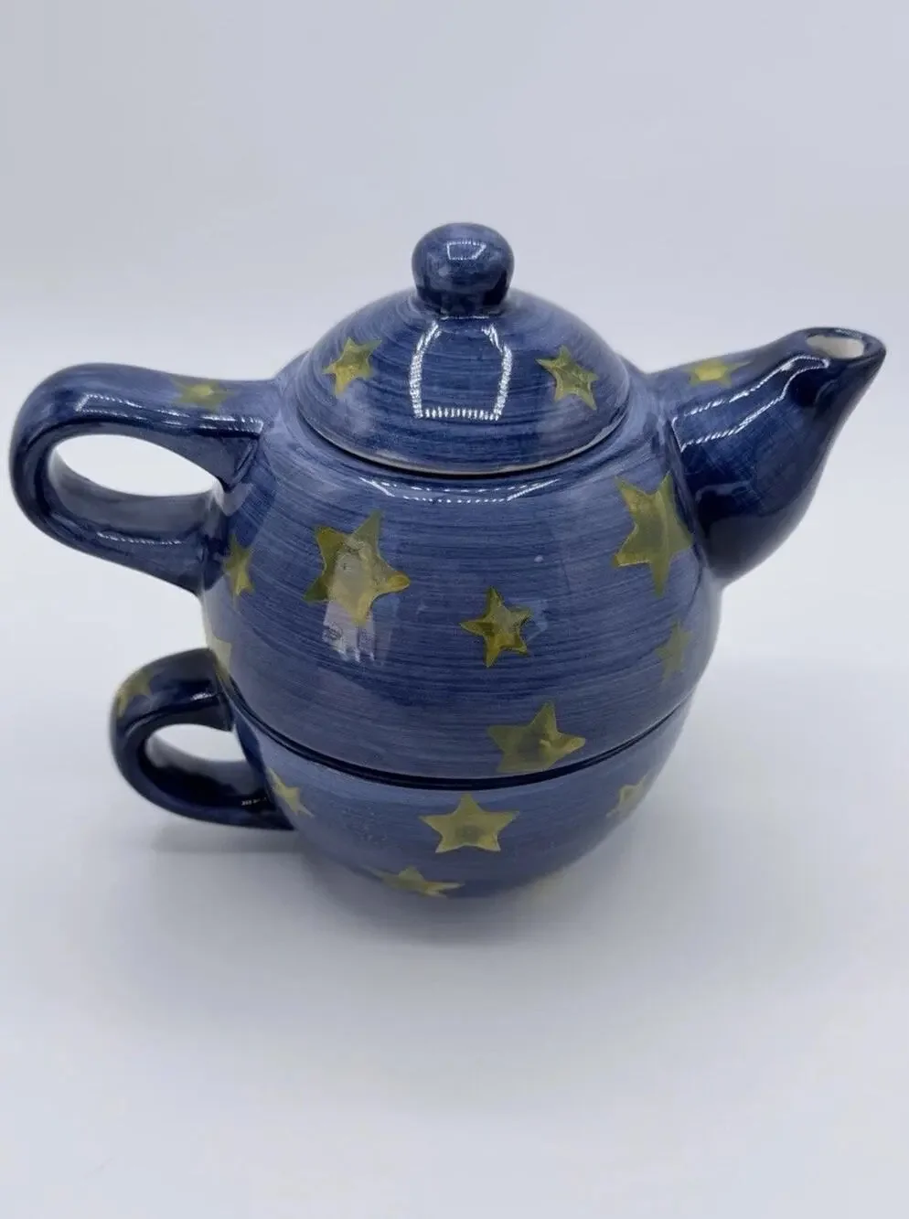Vintage Tea For One Ceramic Teapot Cup Set Blue Yellow Stars Original Box